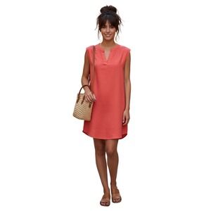 Allen Allen 100% linen womens dress XS coral split V-Neck sleeveless pockets NWT